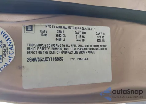 2000 Buick Century Custom z USA, uszkodzony, nr VIN 2G4WS52JXY1168652